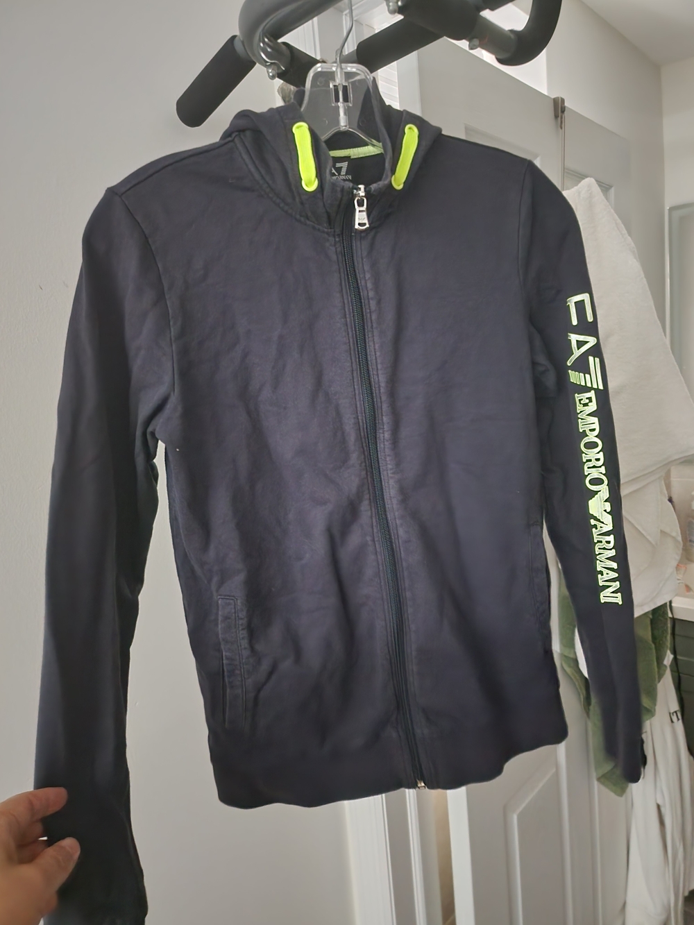 Emporio Armani navy zip-up jacket with neon yellow trim. XS,S for Women. Unisex.